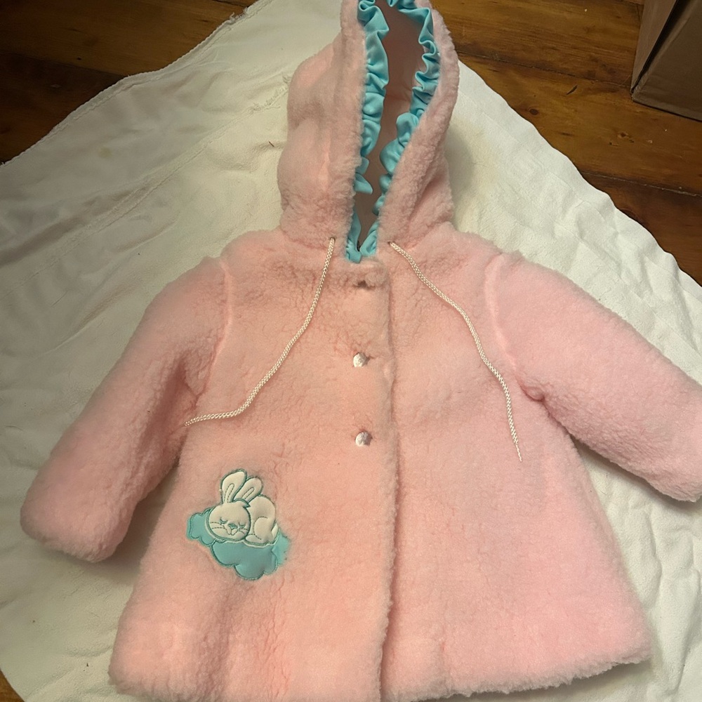 JCPenney Pink Fleece Kids Puffer Coat with Bunny Patch vintage 18 months
